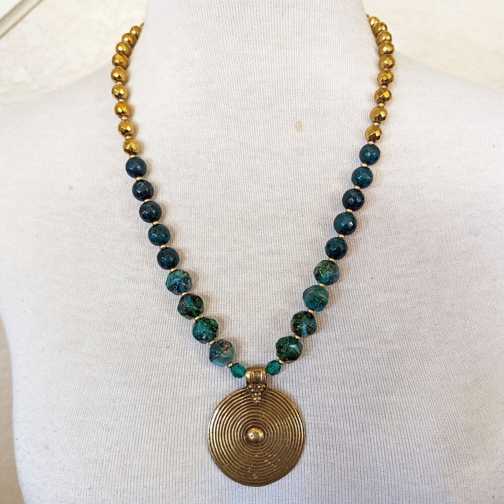 Southwestern Teal Blue & Gold Agate Czech Glass Pendant Statement Necklace